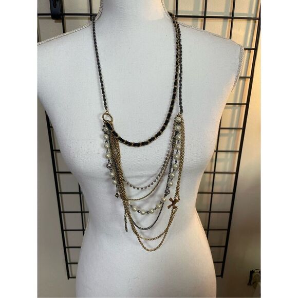 Betsey Johnson Vintage Multi Chain Charm Necklace with Pearls Rhinestones Vntg - Picture 10 of 10